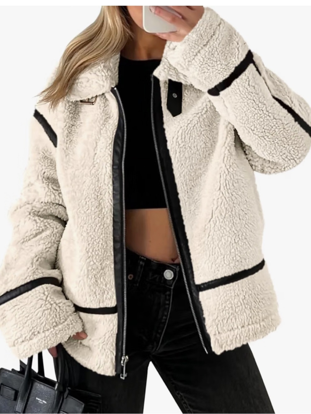 Women's Cream Sherpa Zip-Up Coat with Black Trim🚌